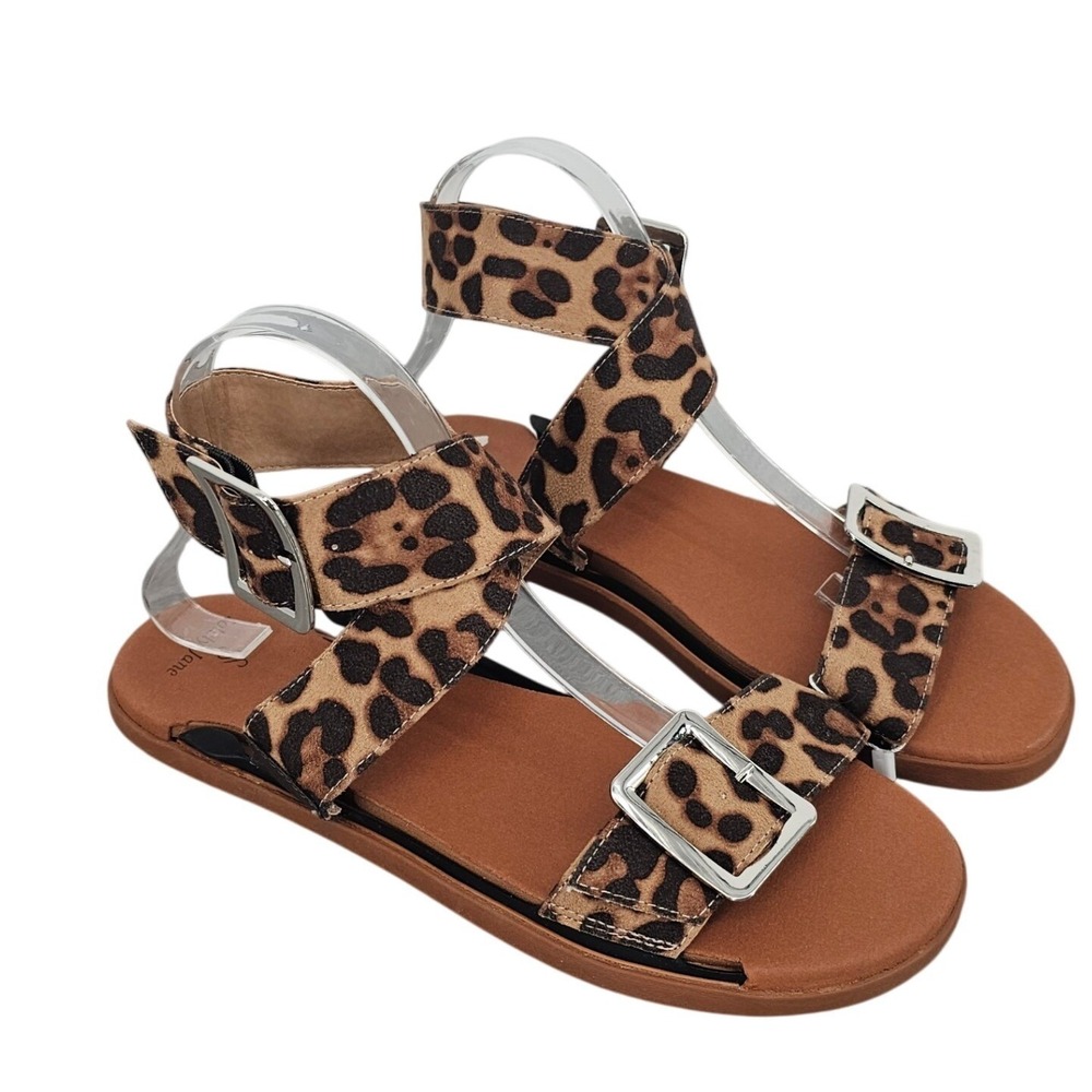 Solely Jane Leopard‎ Print Buckle Flat Sandals Womens Size 9 9.5 Brown Tan Black